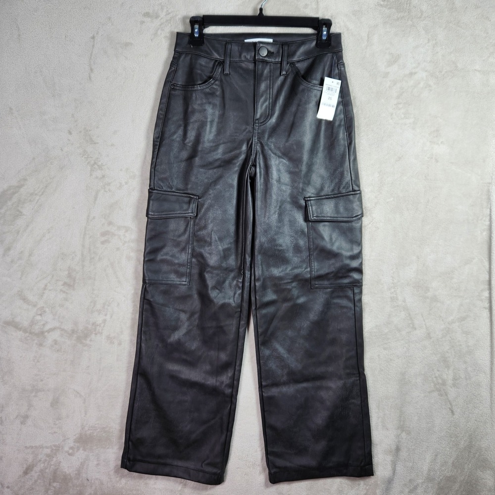 And Now This Washed Cargo Pants Women 25 Black Faux Leather High Rise Streetwear